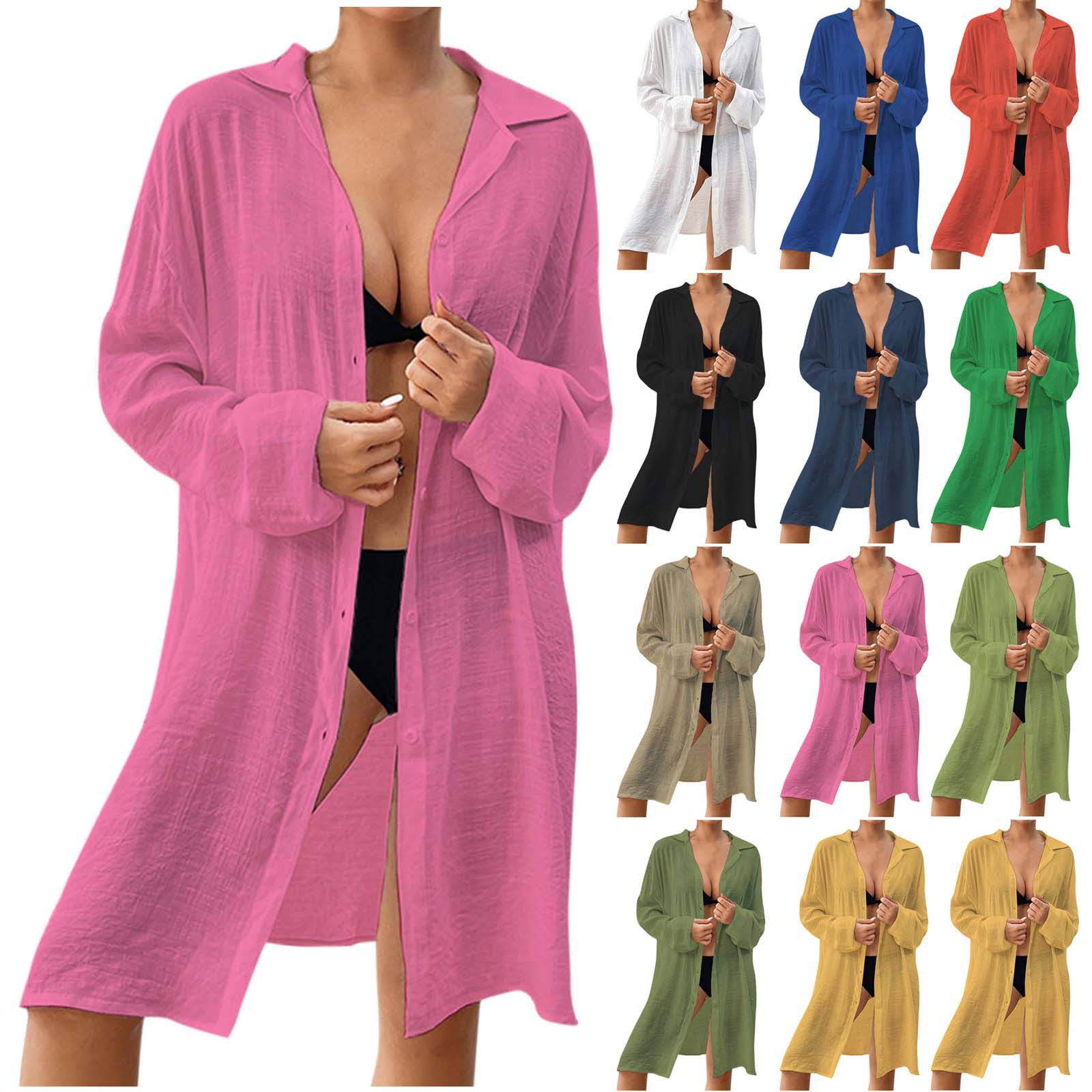 Women's Beach Cover up Long Sleeve Button Down Beach Shirts Summer Swimsuit Solid Color Kimono Cardigan Casual Beachwear Bathing Suit Sun Protection